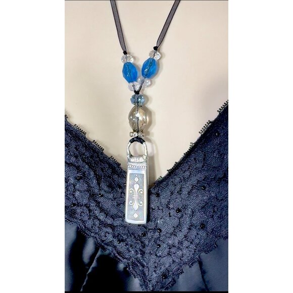 Vintage Silverware Necklace With Blue & Clear Beads Pendant - Picture 4 of 14